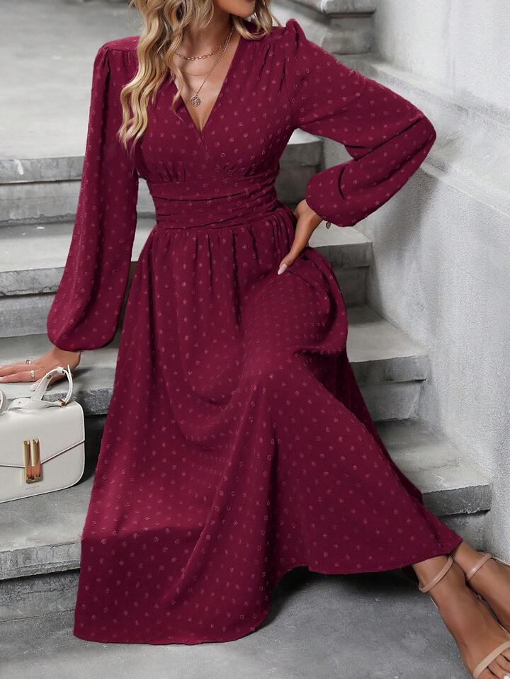knee length dresses for ladies Estella's Swiss Dot Surplice Neck Lantern Sleeve Ruched Waist Dress –  Estella's Lingerie, Inc