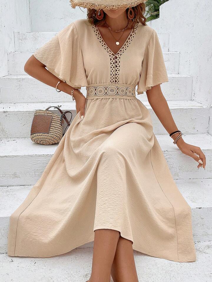 chinese dress ladies Estella's Vacation Guipure Lace Insert Flounce Sleeve Dress – Estella's  Lingerie, Inc