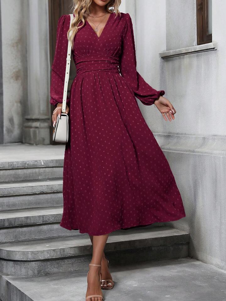 Estella's Swiss Dot Surplice Neck Lantern Sleeve Ruched Waist Dress Estella's Lingerie, Inc. Estella's Swiss Dot Surplice Neck Lantern Sleeve Ruched Waist Dress Estella's Lingerie, Inc.