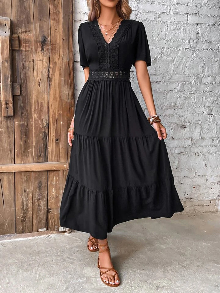 Estella's Frenchy Guipure Lace Insert V Neck Layered Hem Dress – Estella's  Lingerie, Inc