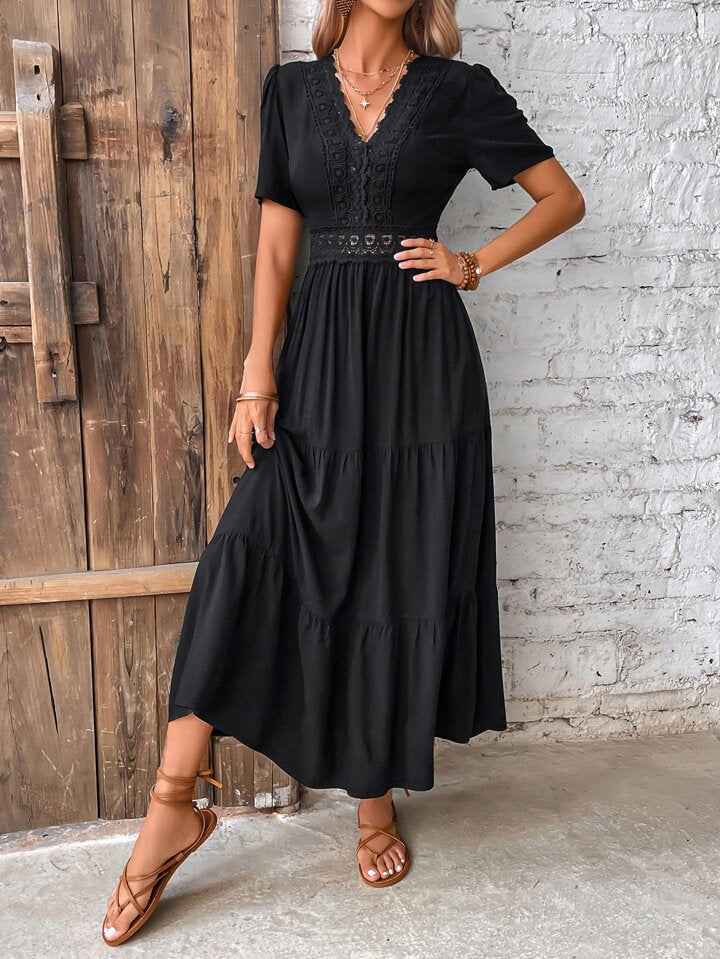 lace insert for v neck dress Black V-Neck Lace-Insert Short-Sleeved Midi Dress