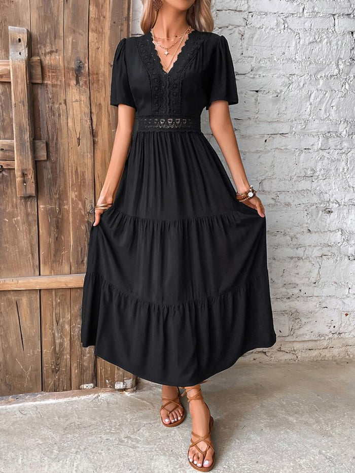 chinese dress ladies Lace Mini Dress with Lace-Up Front M / Black/Nude / 03260 main image 0