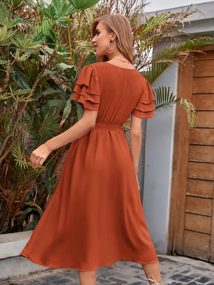 Estella’s Vacation V-Neck Layered Sleeve Belted Dress