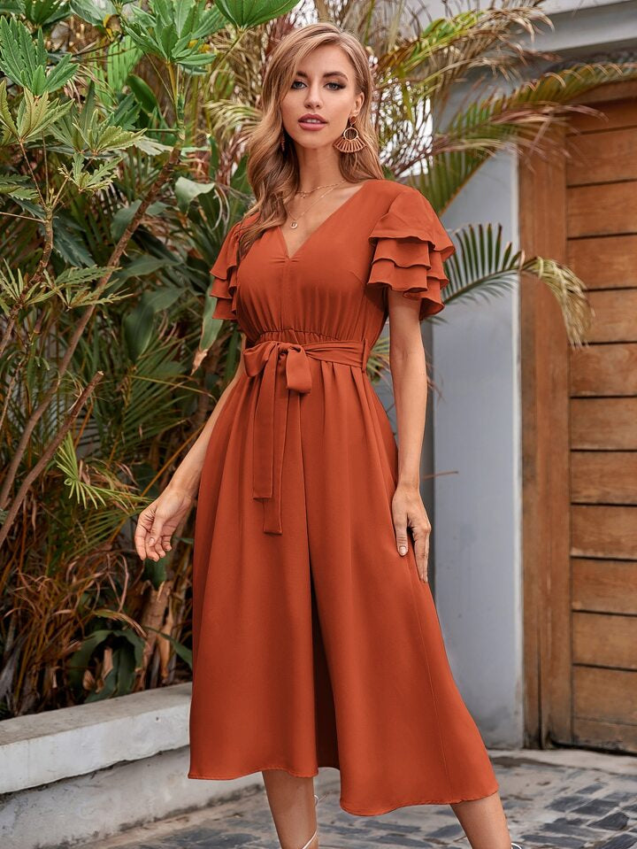 Estella’s Vacation V-Neck Layered Sleeve Belted Dress