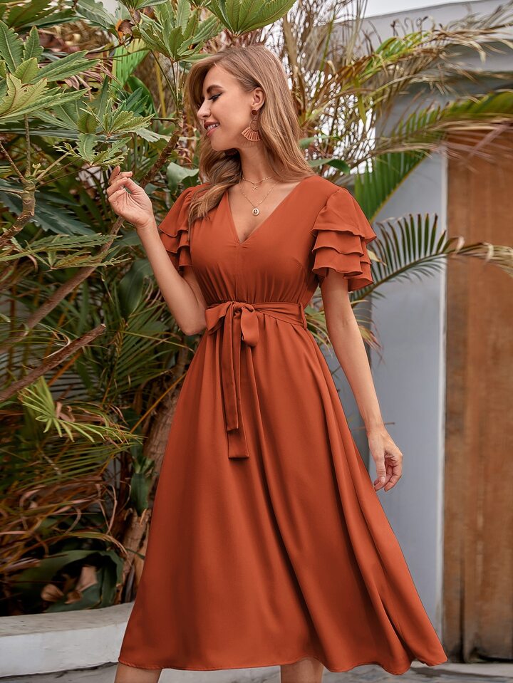 Estella’s Vacation V-Neck Layered Sleeve Belted Dress