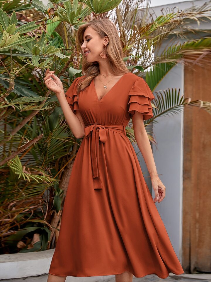Estella's Vacation V-Neck Layered Sleeve Belted Dress – Estella's Lingerie, Inc Estella's Vacation V-Neck Layered Sleeve Belted Dress – Estella's Lingerie, Inc