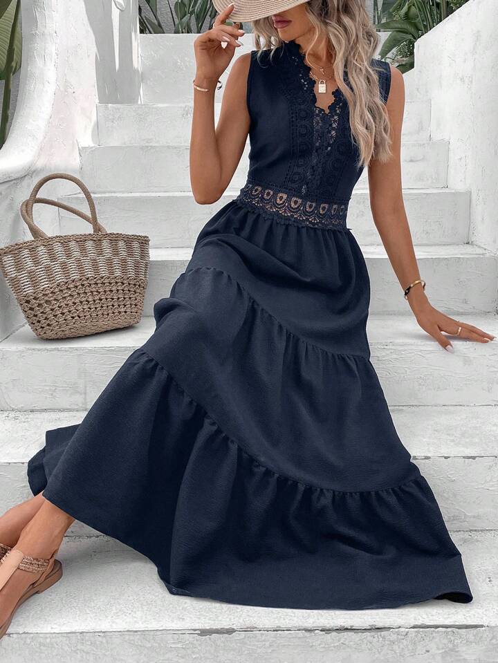 Estella’s Vacation Guipure Lace Insert Ruffle Hem Dress