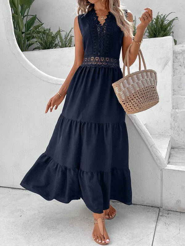 Estella’s Vacation Guipure Lace Insert Ruffle Hem Dress