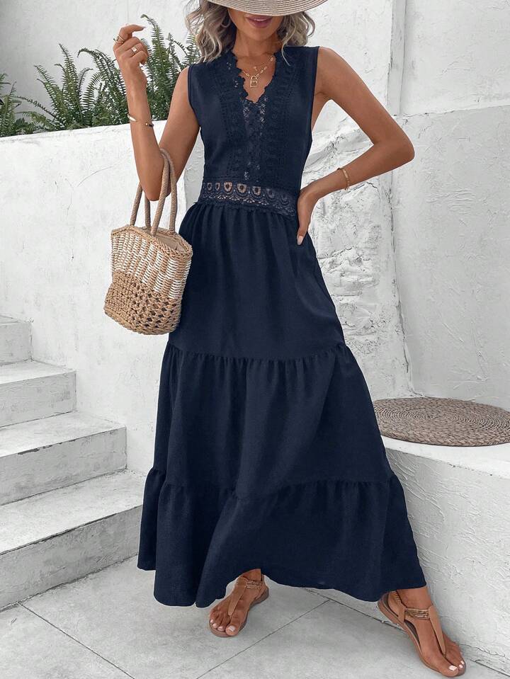 Estella’s Vacation Guipure Lace Insert Ruffle Hem Dress