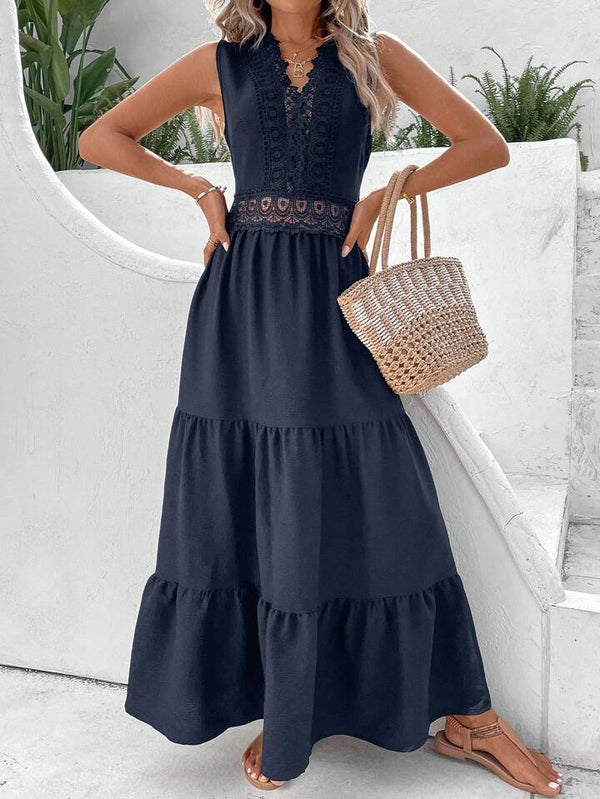 Estella’s Vacation Guipure Lace Insert Ruffle Hem Dress