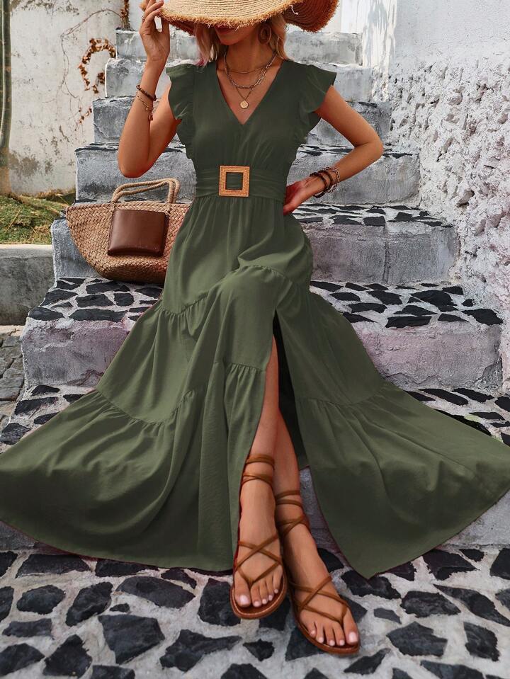 Estella's Ladies' Solid Color V-Neck Ruffle Sleeve Side Split Summer D Estella's Lingerie, Inc. Estella's Ladies' Solid Color V-Neck Ruffle Sleeve Side Split Summer D Estella's Lingerie, Inc.