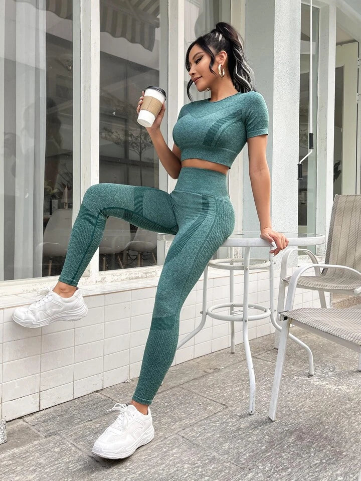 Estella’s 2pcs Seamless High Stretch Yoga Set Sports Suit Ribbed Top Scrunch Butt Wide Waistband Leggings