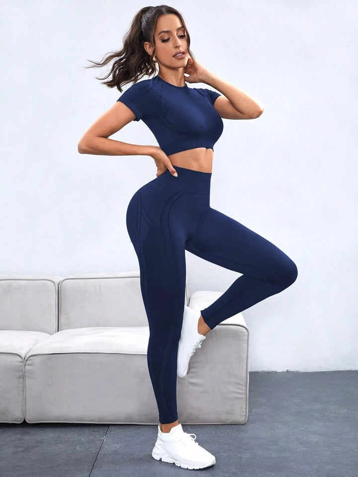 Estella’s Women's Seamless High Elasticity Sport Short Sleeve Top And Pants Set Workout Set