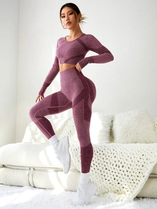Estella’s 2pcs Seamless Colorblock Gym Suit Yoga Set Thumbhole Tee & Hip-Hugging Tummy Control Legging