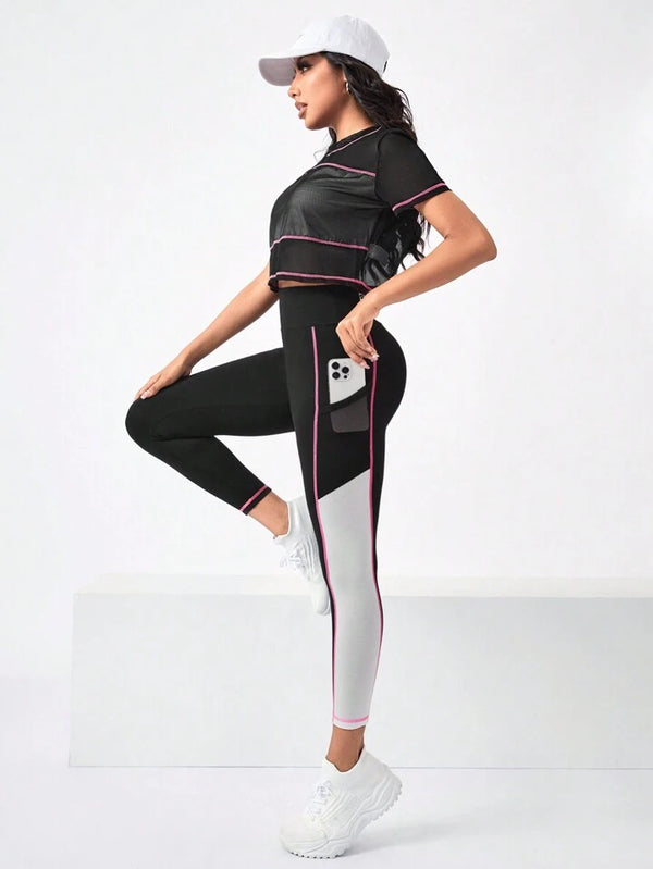 Estella’s Running Colorblock Sports Tee & Phone Pocket Side Leggings