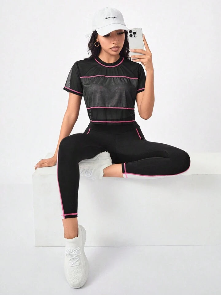 Estella’s Running Colorblock Sports Tee & Phone Pocket Side Leggings