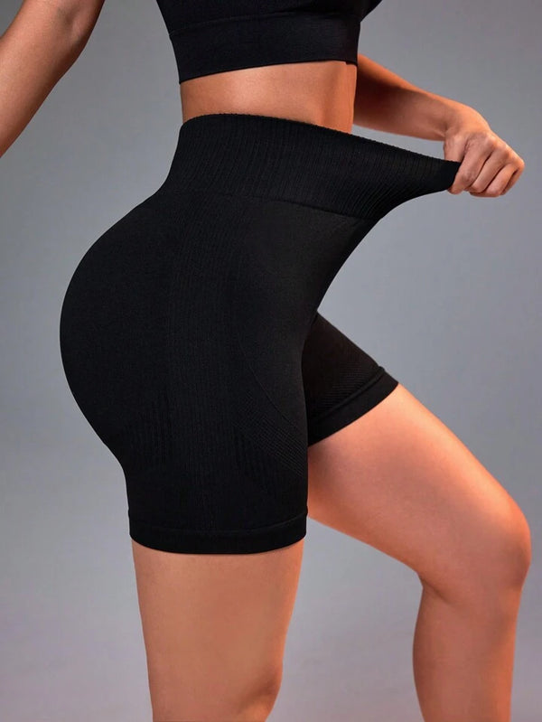 Estella’s Solid Color Seamless Sports Shorts, Slim Fit, Suitable For Daily Wear Booty Shorts