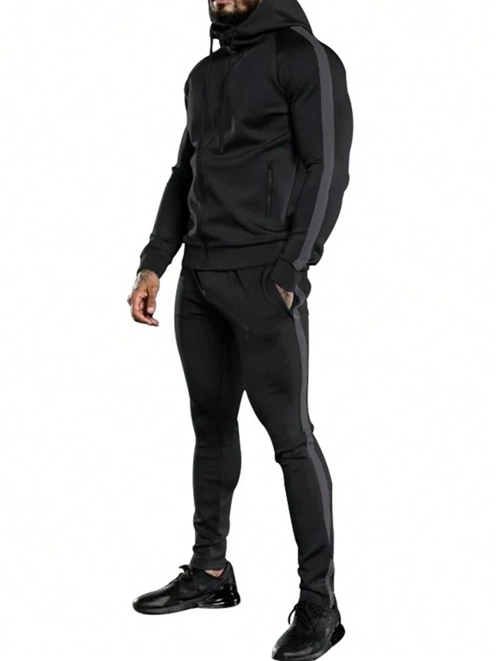 Estella's Streetwear Men's Side Stripe Colorblock Hooded Sportswear Set, Athletic Suit, Tracksuit Workout Set