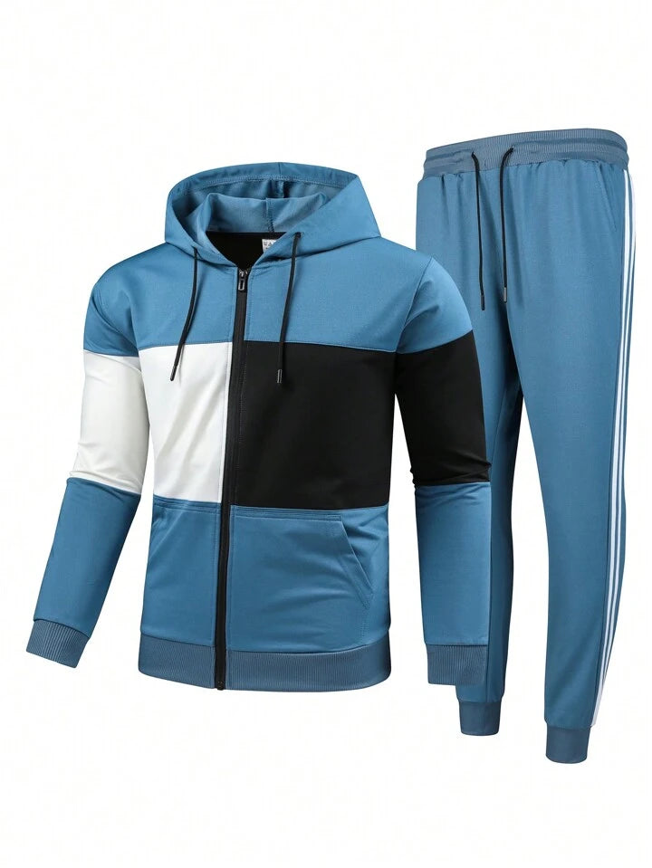 Men's New Running Fitness Color Collision Drawstring Hoodie And Sweatpants Sports Suit