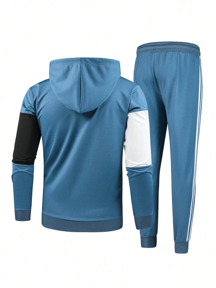 Men's New Running Fitness Color Collision Drawstring Hoodie And Sweatpants Sports Suit