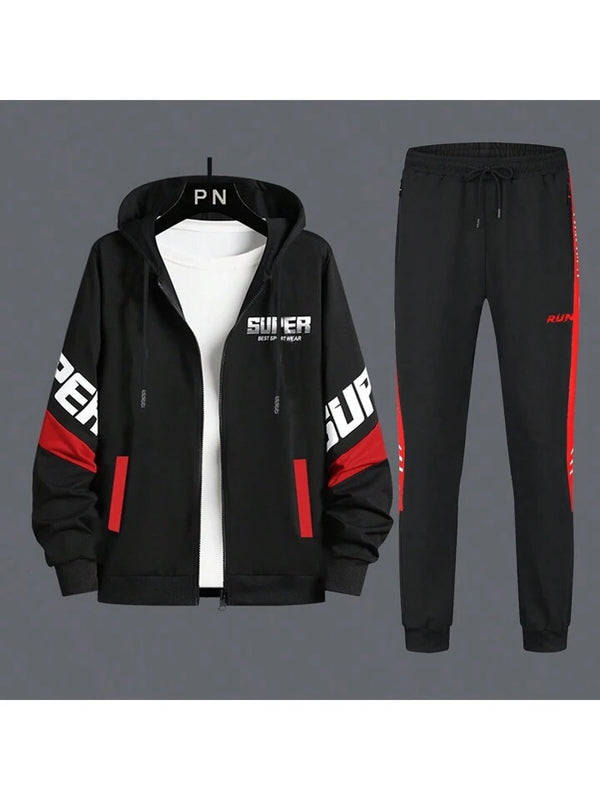 Spring And Autumn Color-Block Hoodie And Pants Sports Suit With Letter Printed