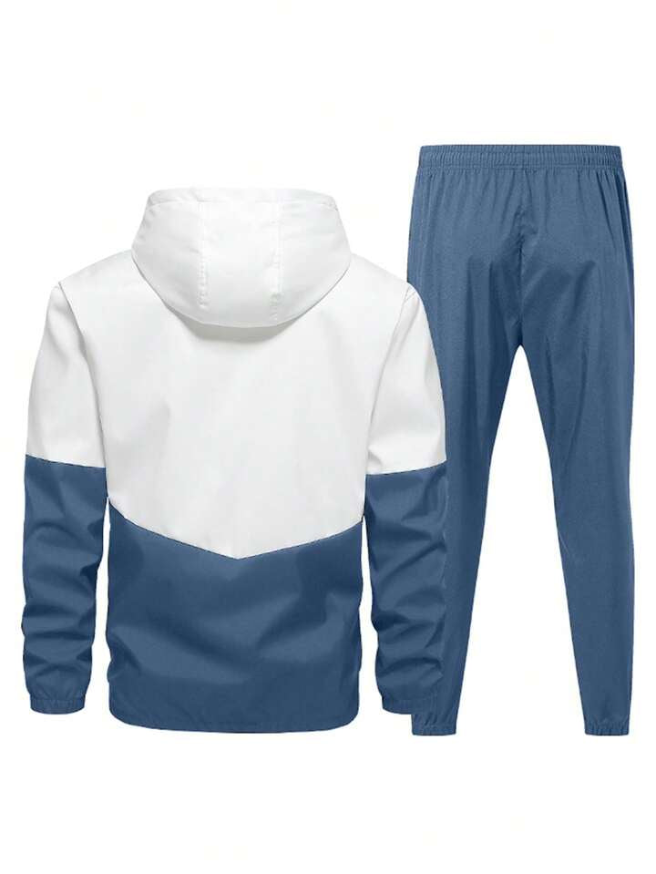 Men's Windproof And Breathable Sports Hooded Jacket And Pants Set With Color Block Design