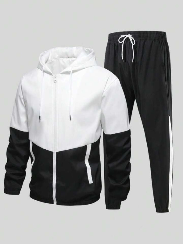 Men Two Tone Drawstring Hooded Sports Jacket & Sweatpants Gym Clothes Men, Athletic Suit, Tracksuit