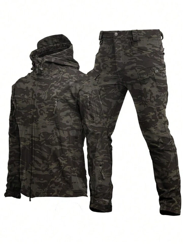 Men's Camouflage Outdoor Windproof And Waterproof Fleece Softshell Jacket And Pants Sports Suit