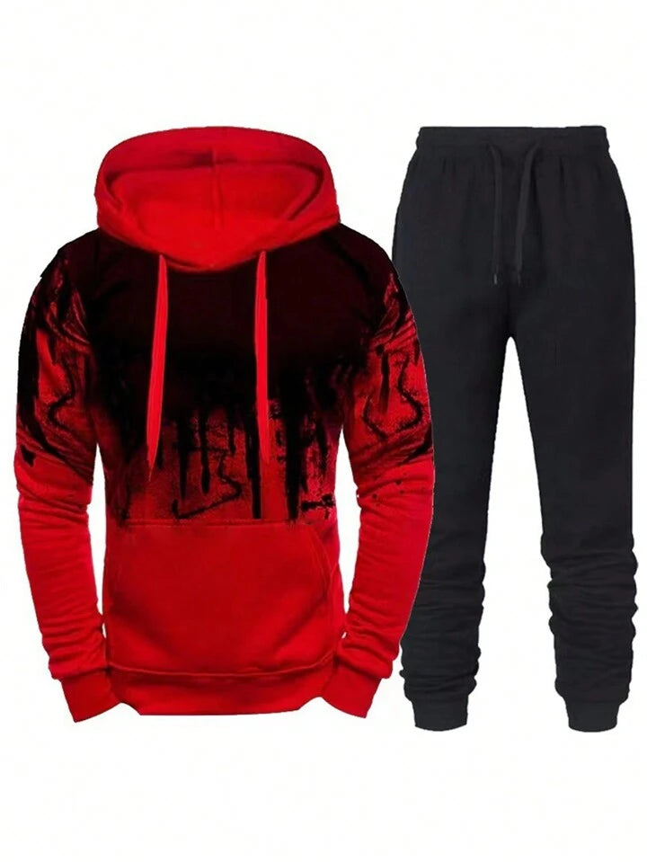 Men's Hooded Leisure Sweatsuit With Stylish Graffiti Print On Sweatshirt And Sweatpants, 2pcs/Set