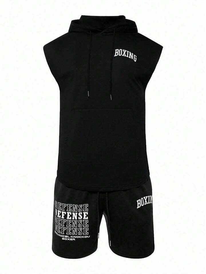 Estella's Men Shorts Set Men's Sleeveless Hooded Boxing Sportswear Set, Athletic Suit, Tracksuit Workout Set