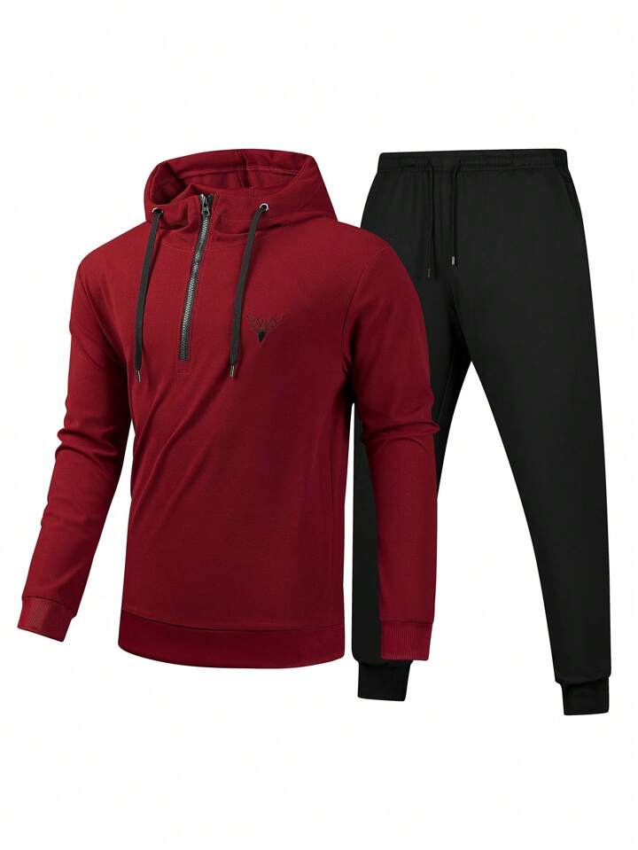 Men's Outdoor Running & Fitness Set - Hoodie And Trousers With Stag Antler Embroidery Design, Athletic Suit, Tracksuit