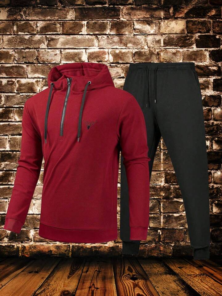 Men's Outdoor Running & Fitness Set - Hoodie And Trousers With Stag Antler Embroidery Design, Athletic Suit, Tracksuit