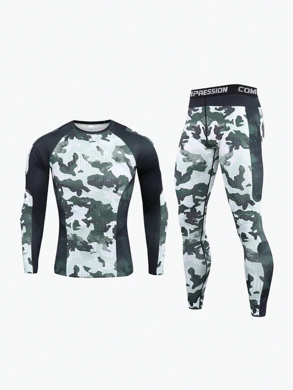 2pcs/Set Men's Outdoor Sports Compression Clothing Made of Camouflage Milk Silk Fabric