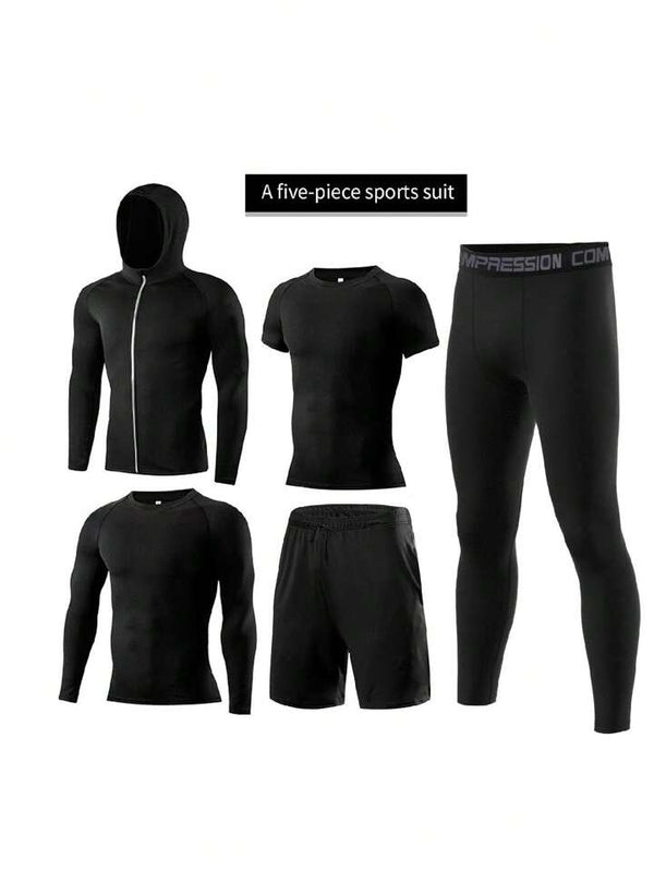 5pcs/Set Men's Sporting Suit, Quick-Dry Fitness Clothes For Compression &  Gym Training