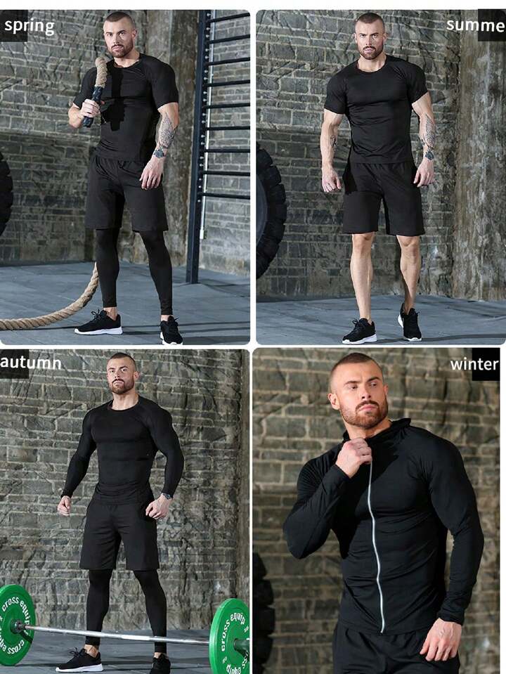 5pcs/Set Men's Sporting Suit, Quick-Dry Fitness Clothes For Compression &  Gym Training