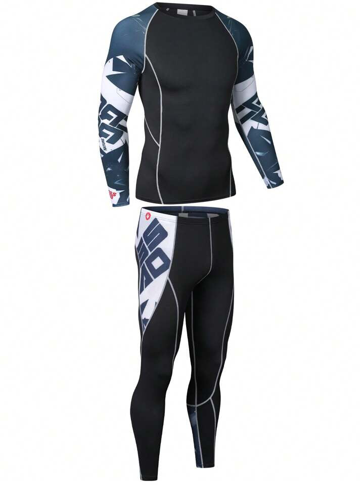 Printed Long Sleeve Sports T-Shirt & Sports Pants, Suitable For Running, Basketball, Cycling. Men's Fitness T-Shirt, Compression Sports Suit With Quick-Drying And Elastic Fabric. Gym Clothes Men, Athletic Suit, Tracksuit