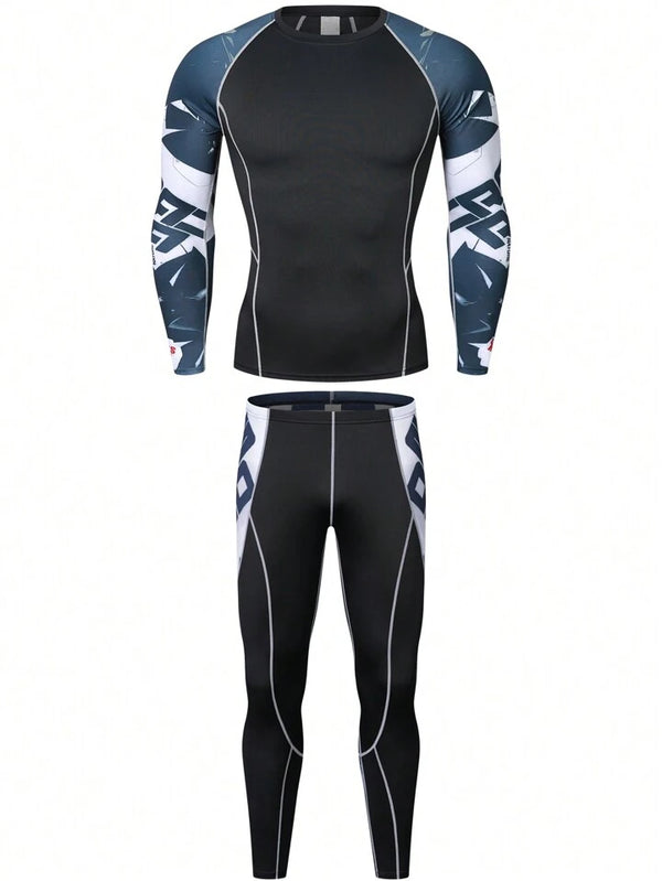 Printed Long Sleeve Sports T-Shirt & Sports Pants, Suitable For Running, Basketball, Cycling. Men's Fitness T-Shirt, Compression Sports Suit With Quick-Drying And Elastic Fabric. Gym Clothes Men, Athletic Suit, Tracksuit
