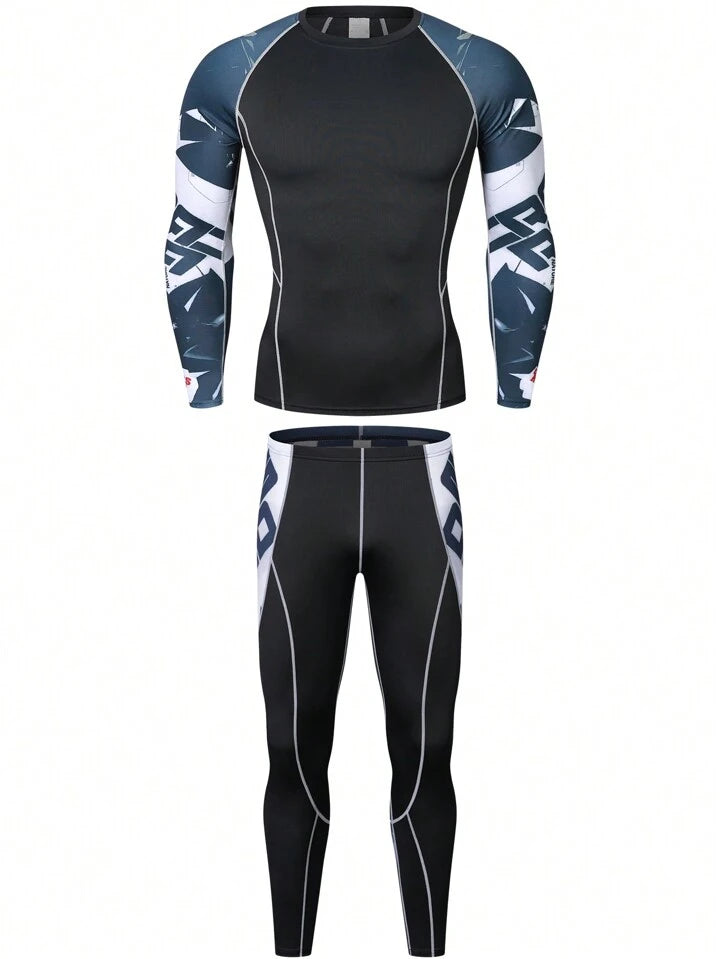 Printed Long Sleeve Sports T-Shirt & Sports Pants, Suitable For Running, Basketball, Cycling. Men's Fitness T-Shirt, Compression Sports Suit With Quick-Drying And Elastic Fabric. Gym Clothes Men, Athletic Suit, Tracksuit