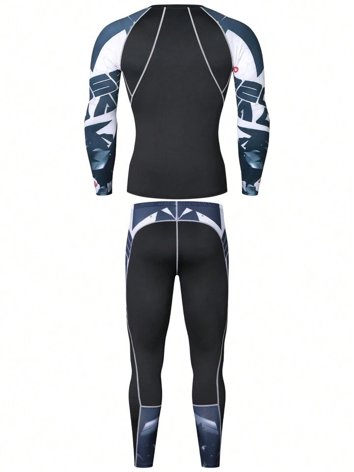 Printed Long Sleeve Sports T-Shirt & Sports Pants, Suitable For Running, Basketball, Cycling. Men's Fitness T-Shirt, Compression Sports Suit With Quick-Drying And Elastic Fabric. Gym Clothes Men, Athletic Suit, Tracksuit