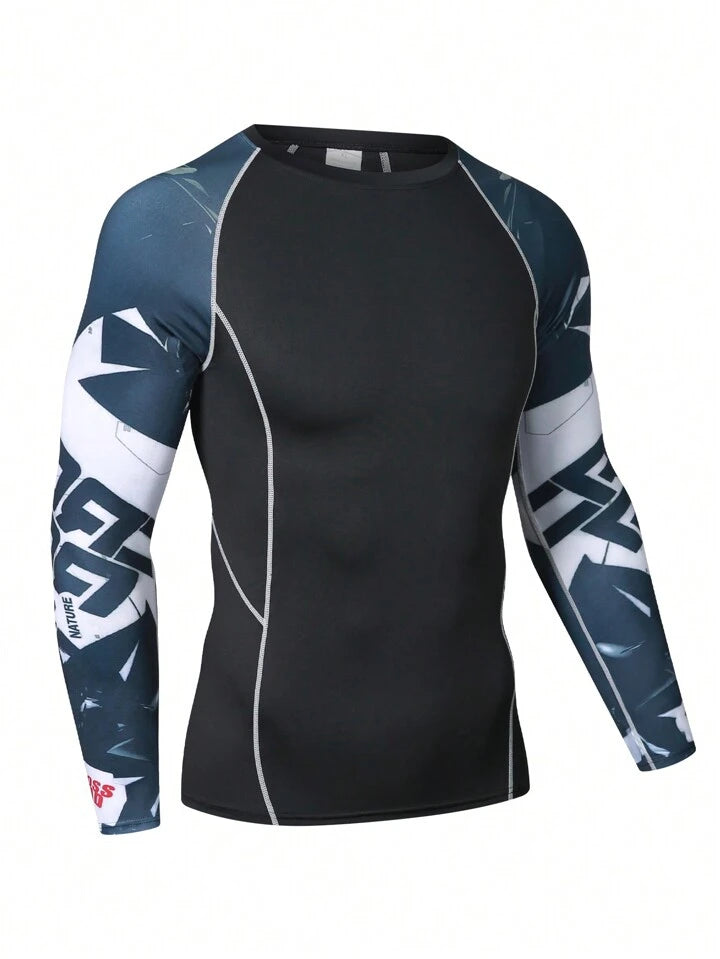 Printed Long Sleeve Sports T-Shirt & Sports Pants, Suitable For Running, Basketball, Cycling. Men's Fitness T-Shirt, Compression Sports Suit With Quick-Drying And Elastic Fabric. Gym Clothes Men, Athletic Suit, Tracksuit