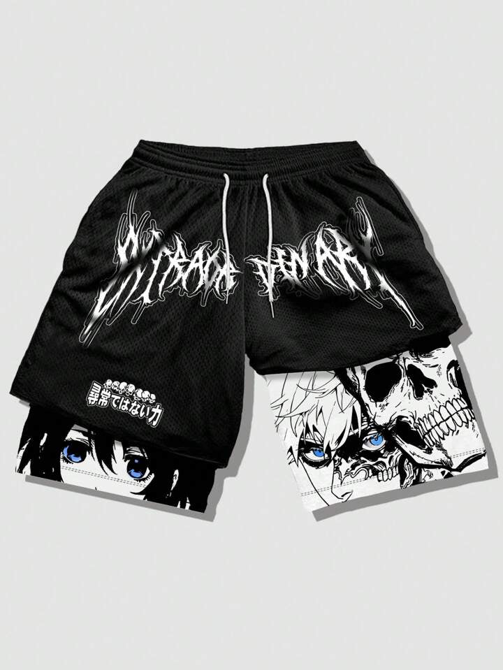 Anime Men's 2 In 1 Breathable With Slogan Print Basketball Mesh Shorts, Suitable For Daily Wear In Spring And Summer