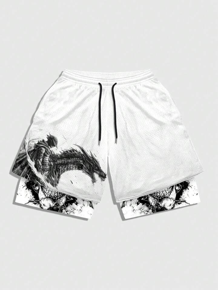 Goth Men Dragon Printed Athletic Basketball Mesh Shorts, 2 In 1, Breathable, Suitable For Daily Wear In Spring And Summer