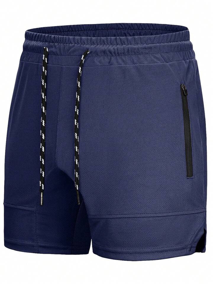 Men Zip Pocket Split Hem Drawstring Waist Shorts