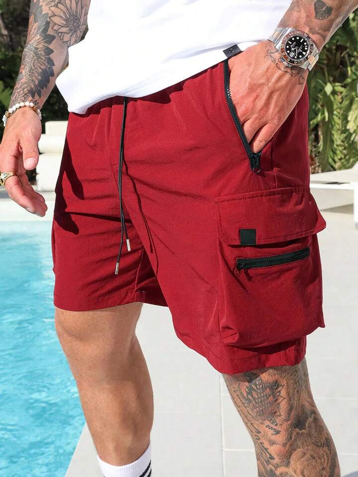 Men'S Solid Color Drawstring Waist Cargo Shorts
