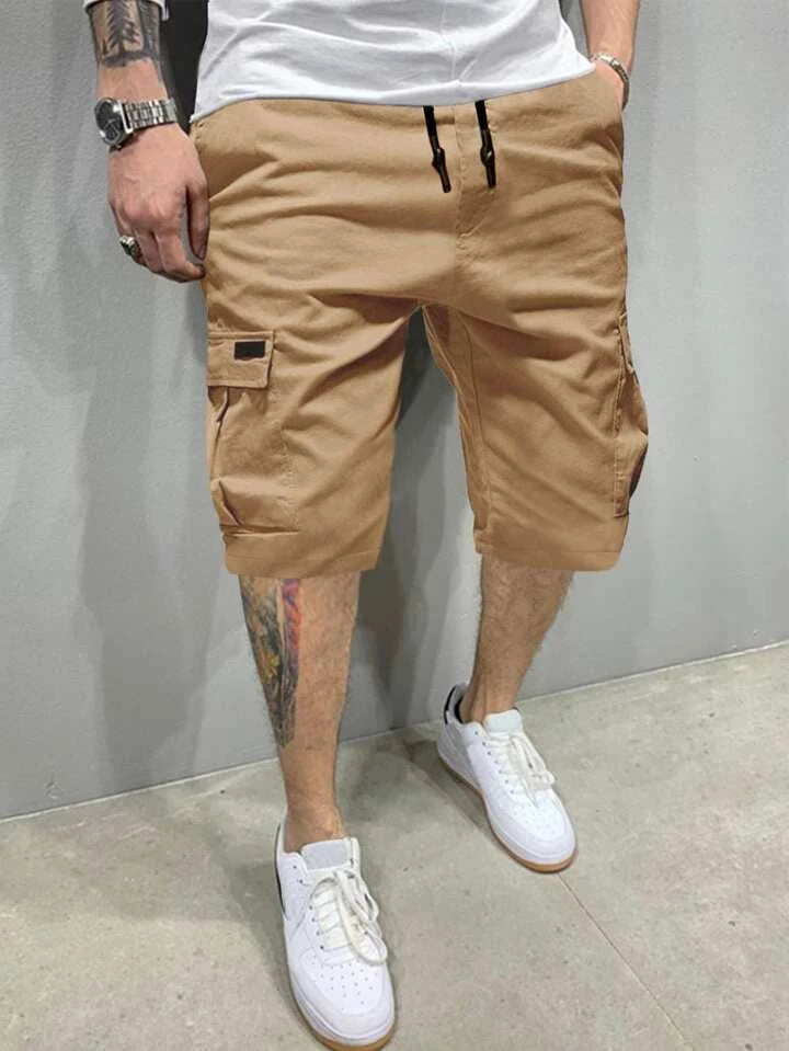 Homme Men Flap Pockets Drawstring Cargo Shorts