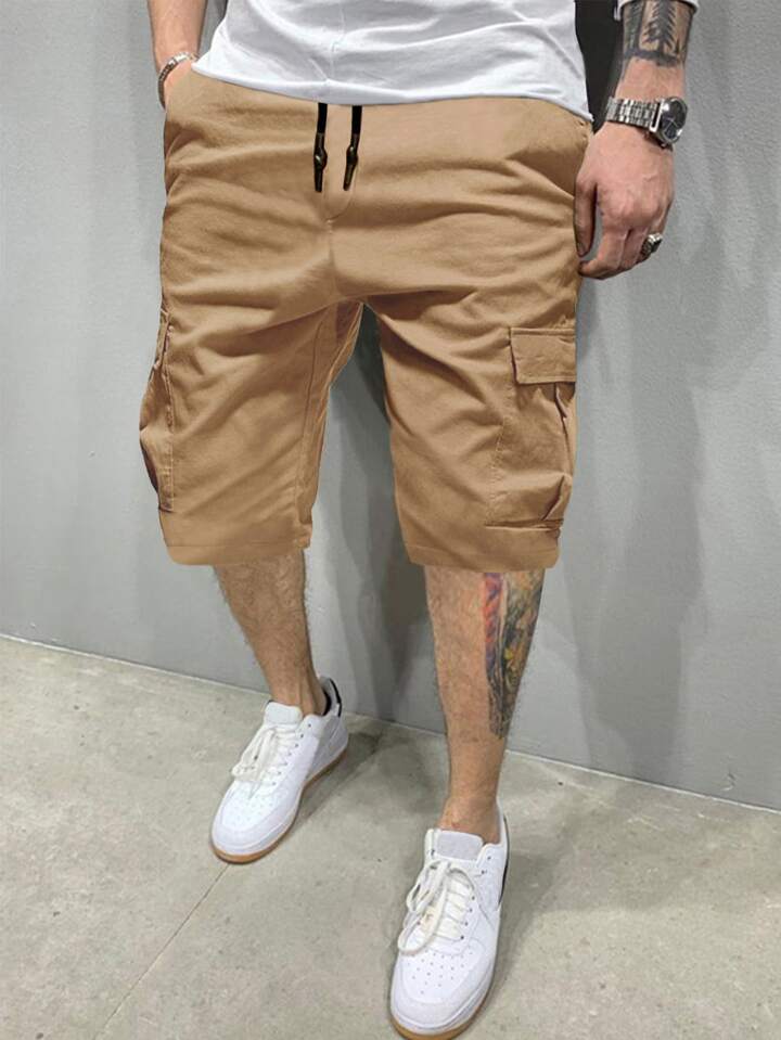 Homme Men Flap Pockets Drawstring Cargo Shorts