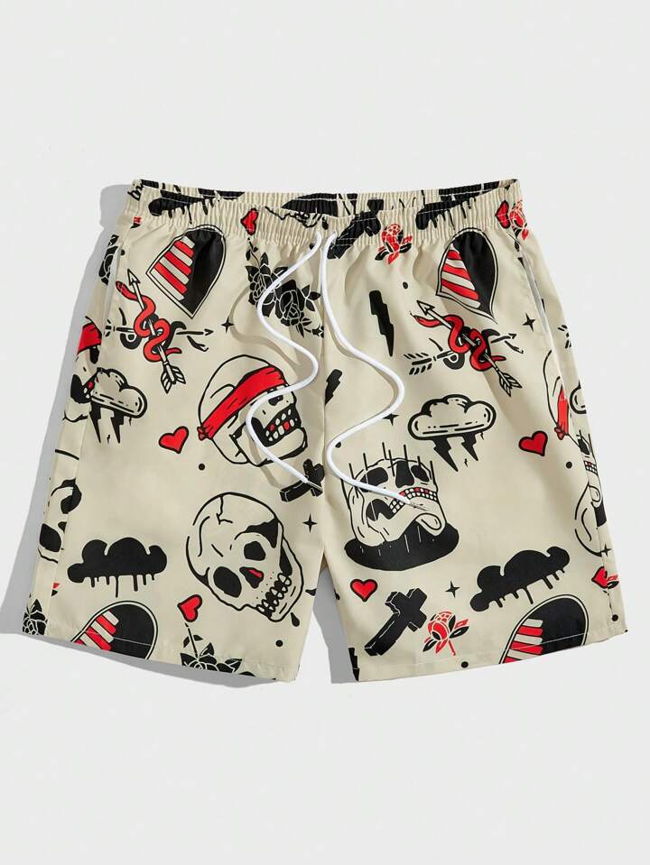 Street Life Men Skull & Cross Print Drawstring Waist Shorts