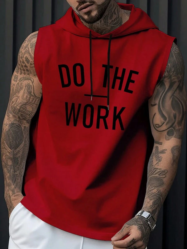 Men's Hooded Tank Top With Slogan Print And Drawstring Closure