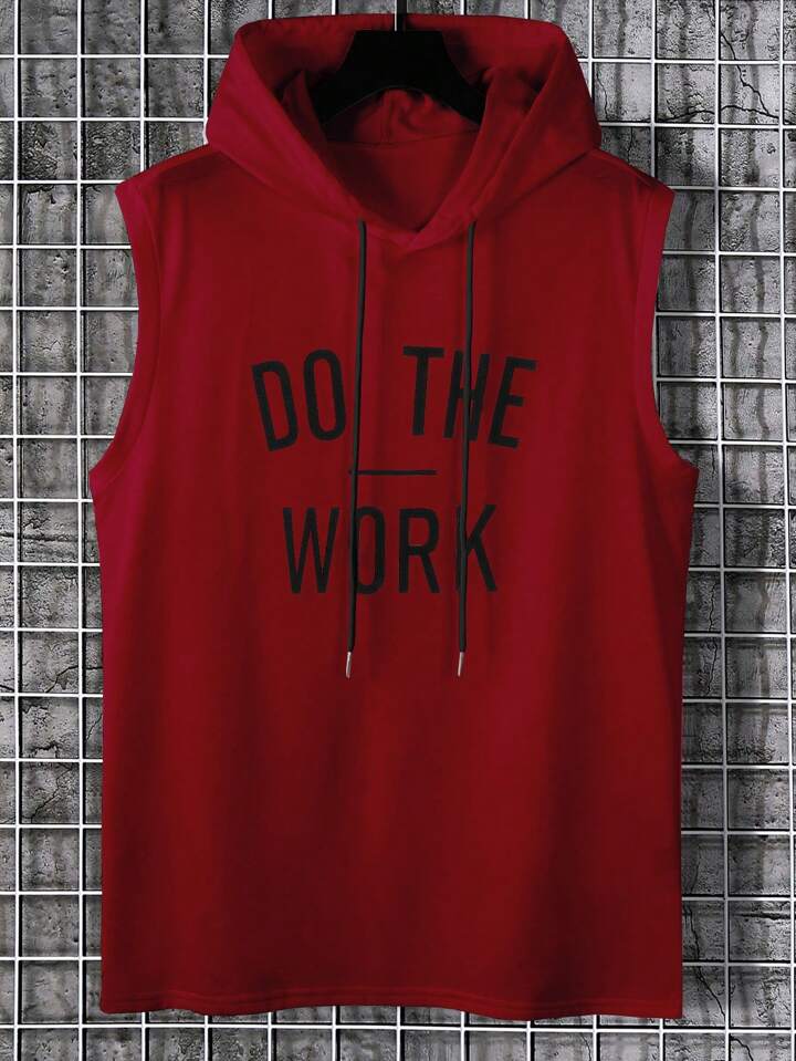 Men's Hooded Tank Top With Slogan Print And Drawstring Closure