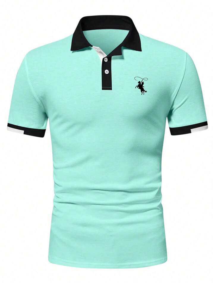 Mode Men Horse Graphic Contrast Trim Polo Shirt